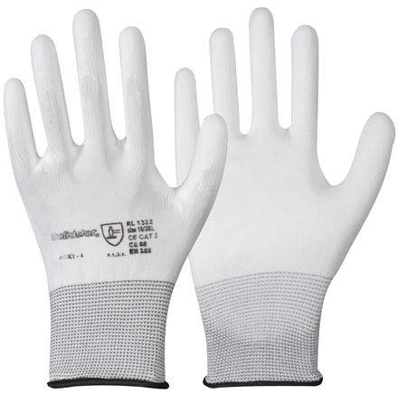 Feinstrick Handschuh mit PU-Teilbeschichtung, fusselfrei, weiß, XXL, Schutzklasse (EN 388)	4.1.3.1.X